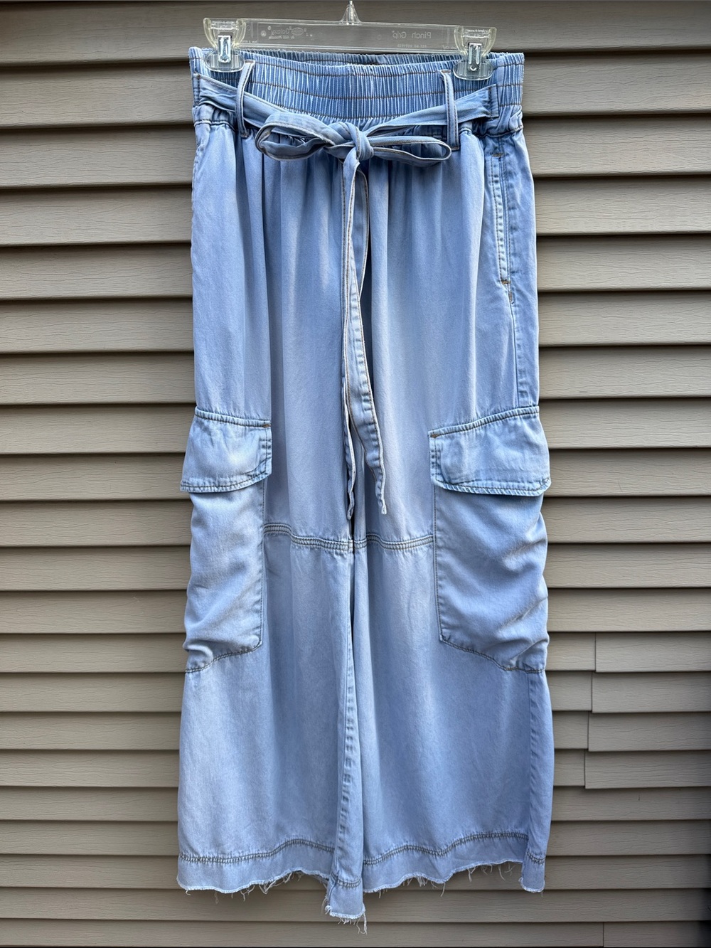 Light Blue Wide-Leg High Waist Cargo Tencel Jeans Drawstring Waist Size M